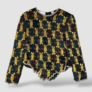 Laurence Kazar Beaded Silk Evening Top XXL Gold Black Vintage 90s Hand Decorated